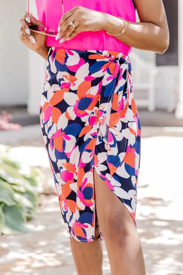 Sophisticated Beauty Navy And Pink Multi Printed Midi Skirt