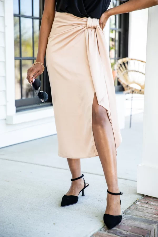 Let's Stay Forever Taupe Satin Knot Detail Midi Skirt