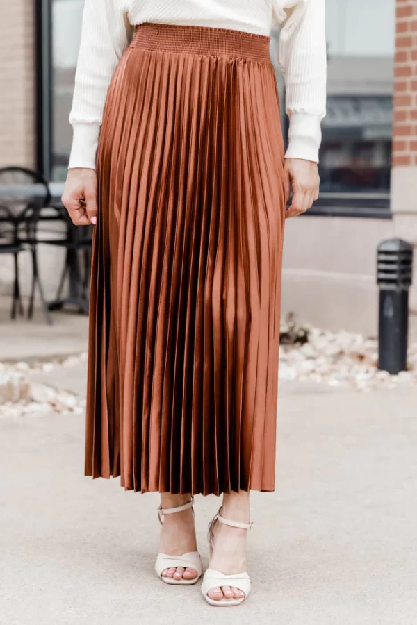 On The Scene Copper Pleated Metallic Midi Skirt