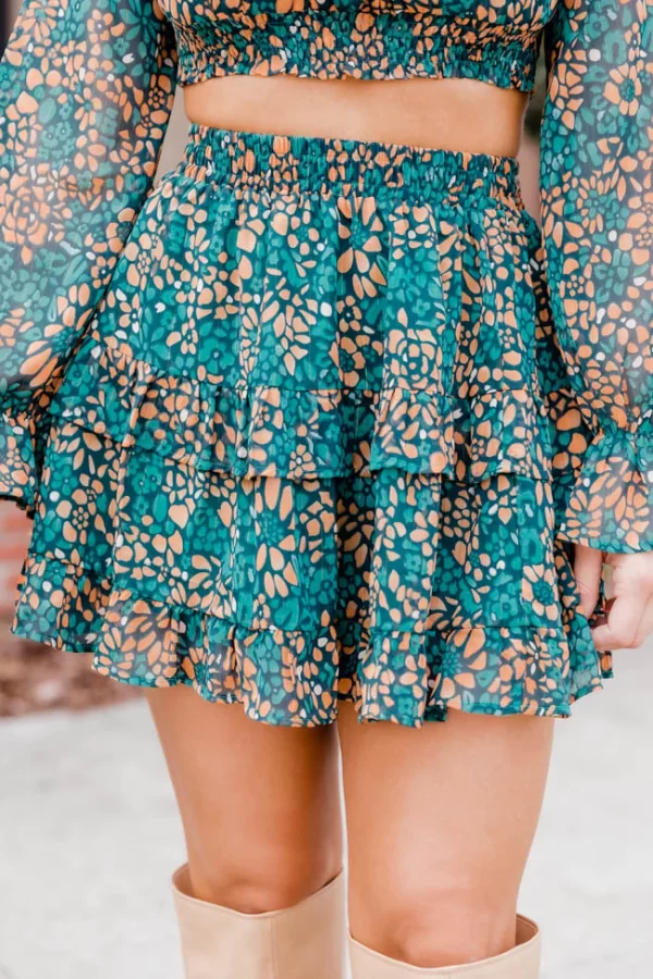 Hear Me Out Teal Abstract Printed Ruffle Trim Skirt